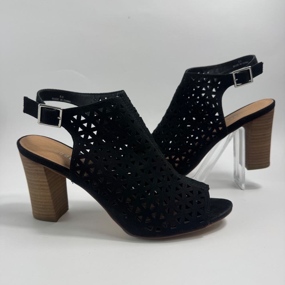Madden Girl Beverly Black Laser Cut Block Heel Sandal Women's 8.5 BEVE01J1